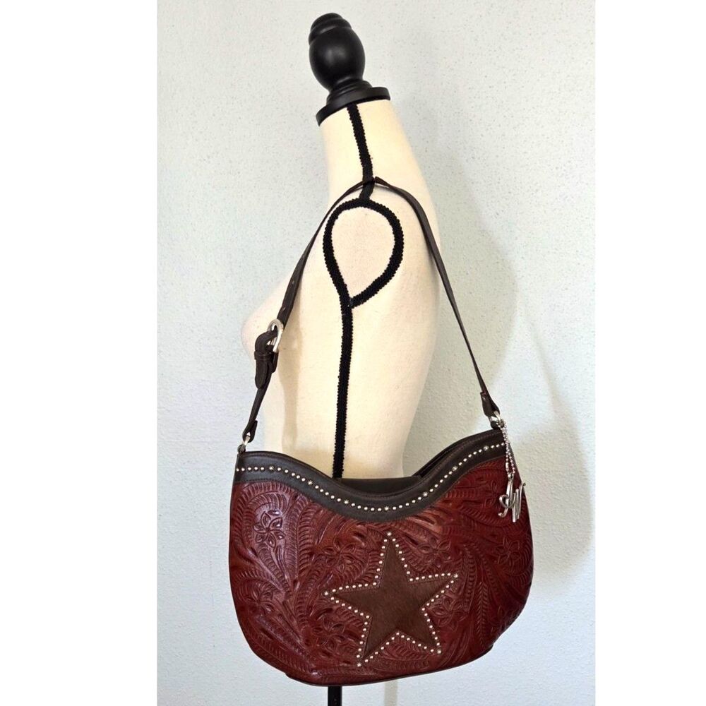 American West Tooled Leather Star Shoulder Bag Brown Medium Western Boho